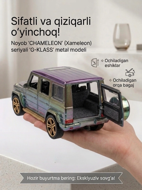Mustahkam metall korpusli, ovozli va eshiklari ochiladigan o'yinchoq mashina