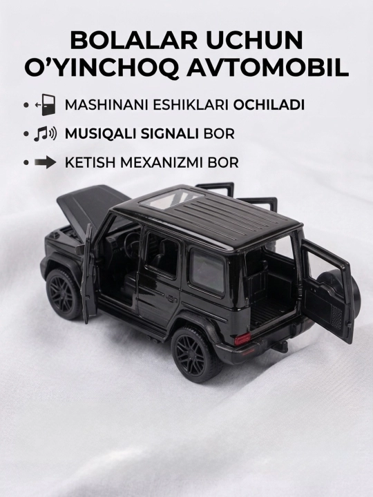 Mustahkam metall korpusli, ovozli va eshiklari ochiladigan o'yinchoq mashina