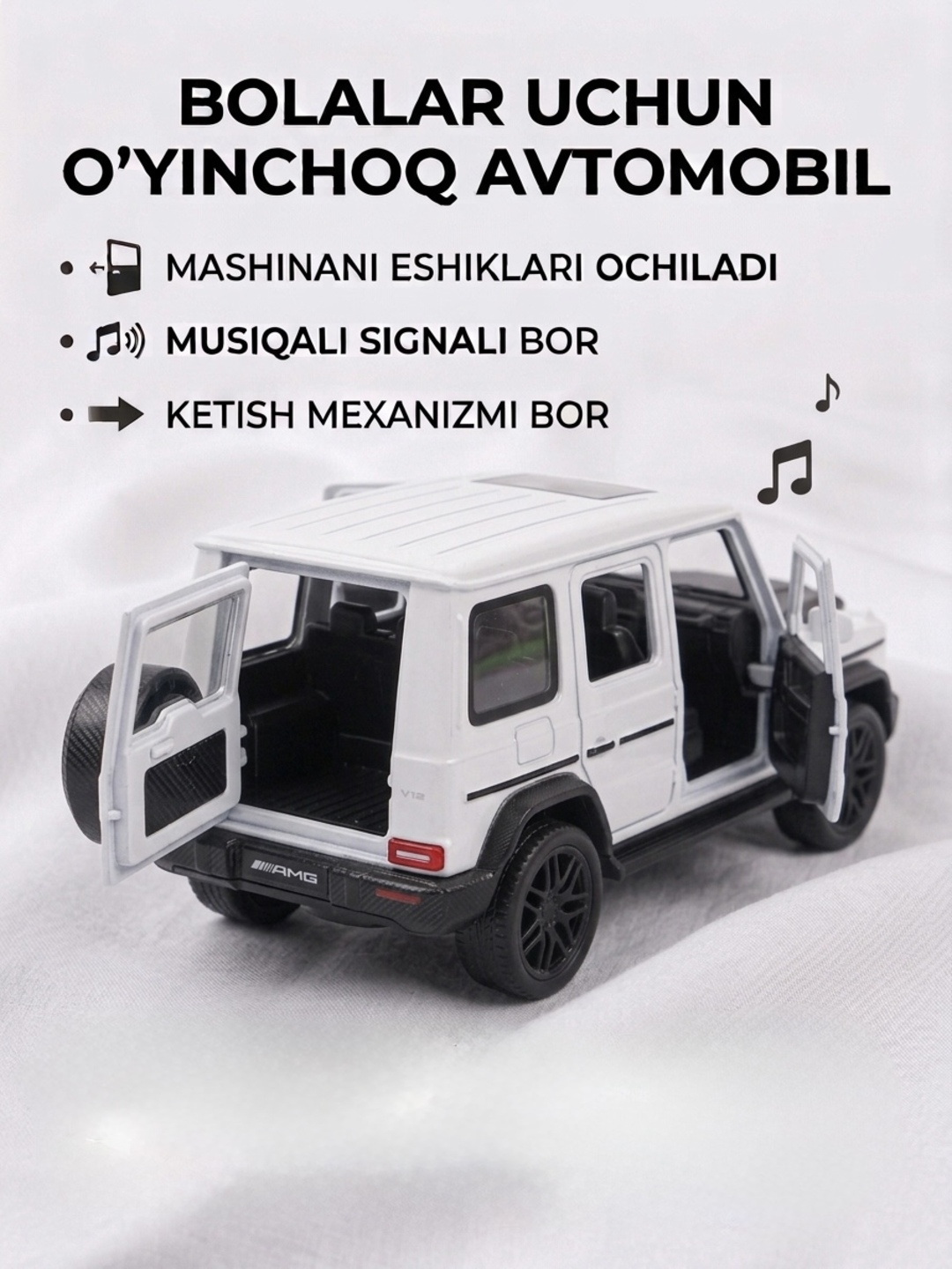 Mustahkam metall korpusli, ovozli va eshiklari ochiladigan o'yinchoq mashina