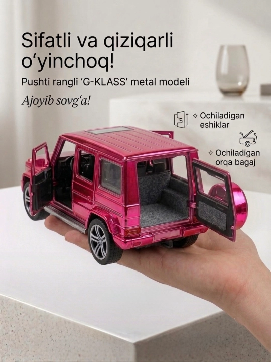 Mustahkam metall korpusli, ovozli va eshiklari ochiladigan o'yinchoq mashina