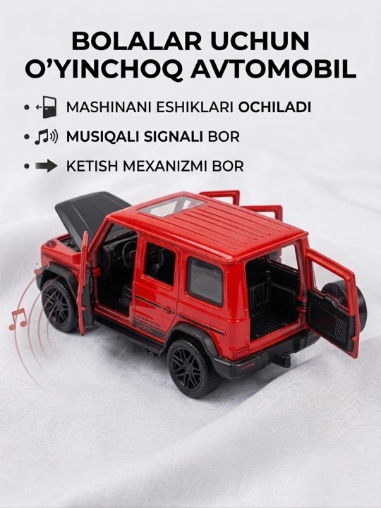 Mustahkam metall korpusli, ovozli va eshiklari ochiladigan o'yinchoq mashina