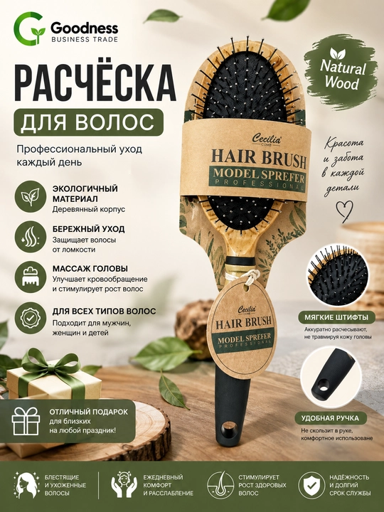 Cecilia Hair Brush Professional — деревянная массажная расчёска для волос - 