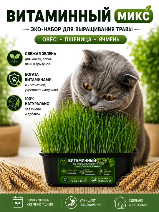Трава для кошек «Витаминный микс», набор для выращивания травы - 