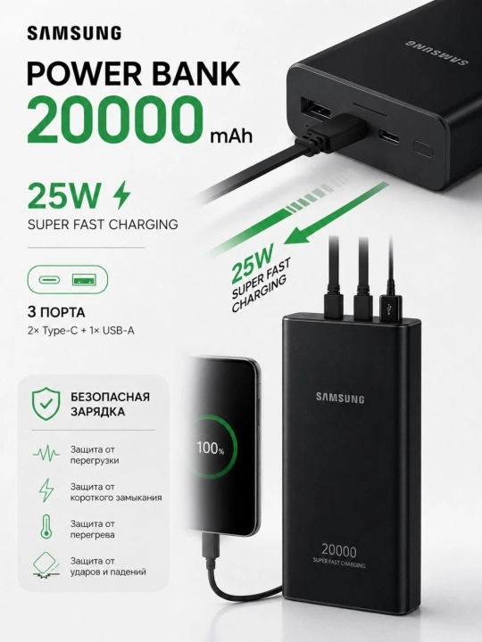 Samsung Power Bank, 20000 мАч, 25W, быстрая зарядка, USB-C, PD 3.0, зарядка для телефона