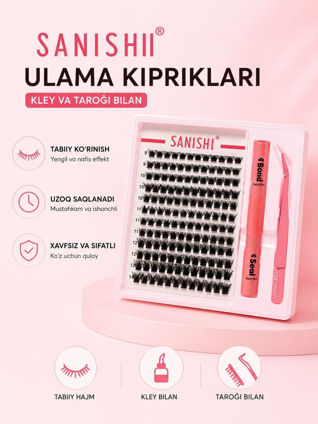 Sanishi tutamli kipriklar to‘plami, yelim va taroq bilan birga 3D hajm effekti - 