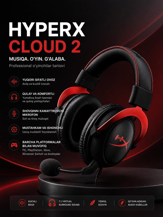 HyperX cloud 2, kompyuter, PS5, Xbox, noutbuk uchun stereo mikrofonli o‘yin garniturasi - 