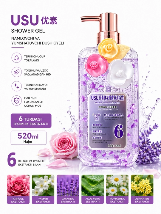 USU Flower Petal Fragrance ароматизированный гель для душа, 520 мл - 