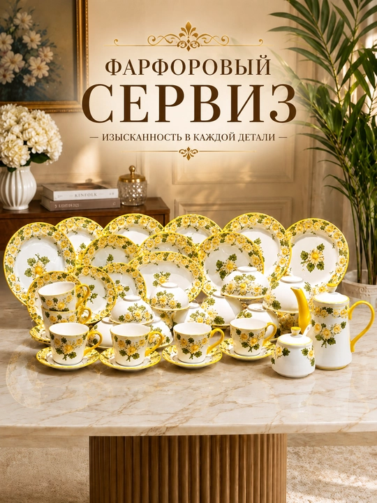Сервиз фарфоровый, ручная работа на 46 предметов для 6 персон с цветочным узором - 