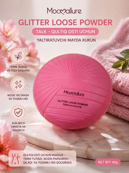 Mocallure Glitter Loose Powder - qo‘ltiq osti uchun yaltiroq upa, 40 g - 