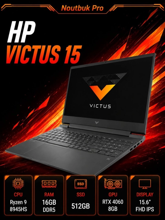 Ноутбук HP Victus 15 R9-8945HS, 16GB DDR5, 512GB SSD 15.6" FHD IPS 144 Hz, RTX 4060 8GB - 