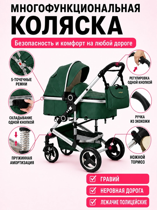 Детская коляска 3 в 1, люлька, автокресло, складная, амортизация, поворотное сиденье