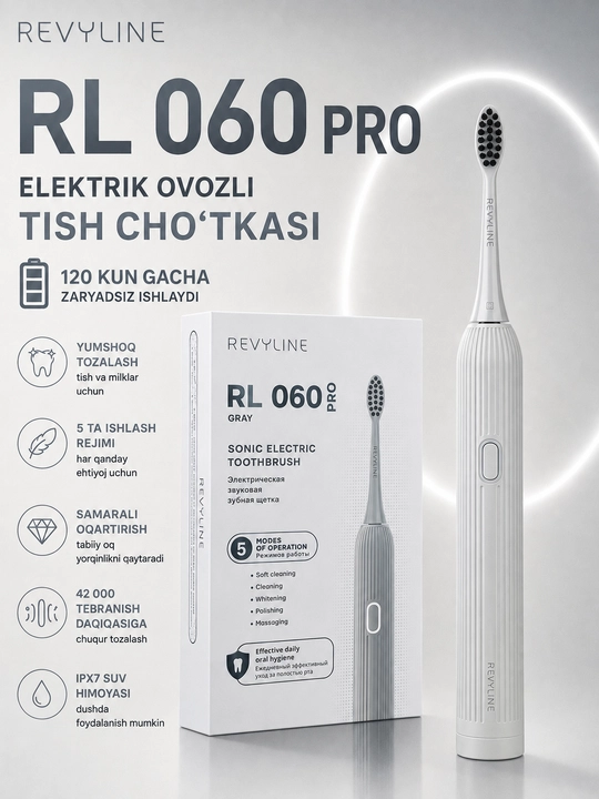 Revyline RL 060 elektr tovushli tish cho‘tkasi, 4 ta rejim, 3 nasadka, kundalik parvarishi
