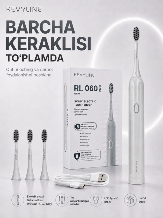 Revyline RL 060 elektr tovushli tish cho‘tkasi, 4 ta rejim, 3 nasadka, kundalik parvarishi