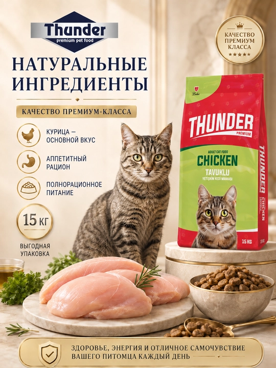 Thunder тo'liq va muvozanatli ozuqat, tovuq ta'mi bilan, 15 kg - 