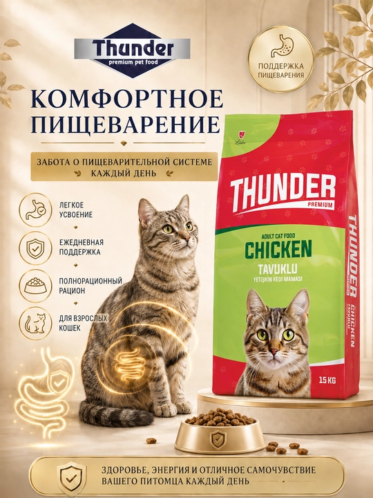 Thunder тo'liq va muvozanatli ozuqat, tovuq ta'mi bilan, 15 kg
