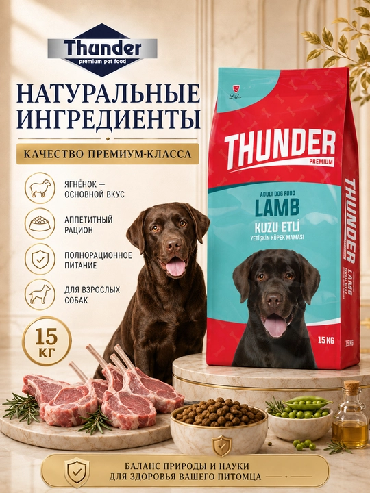 Thunder Adult Dog кatta yoshli itlar uchun quruq oziq-ovqat, qo'zichoq va guruch, 15 kg - 
