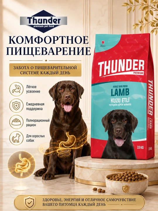 Thunder Adult Dog кatta yoshli itlar uchun quruq oziq-ovqat, qo'zichoq va guruch, 15 kg