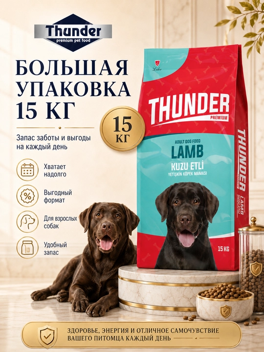 Thunder Adult Dog кatta yoshli itlar uchun quruq oziq-ovqat, qo'zichoq va guruch, 15 kg