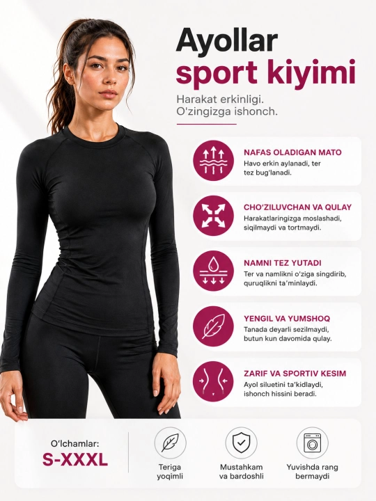 Ayollar kompression rashgardi, Slim Fit longsliv, fitness va zal uchun, FITMUSE