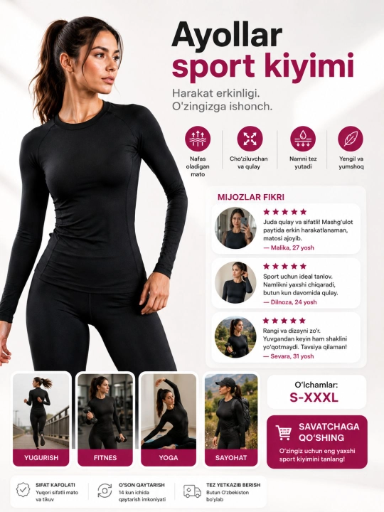 Ayollar kompression rashgardi, Slim Fit longsliv, fitness va zal uchun, FITMUSE