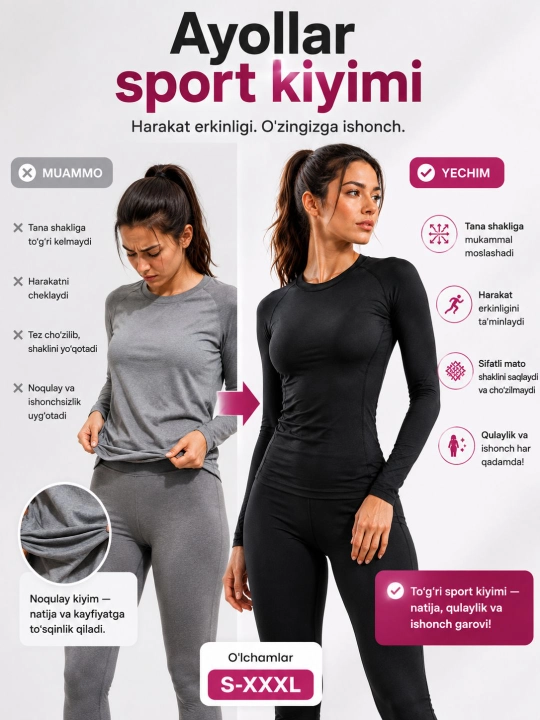 Ayollar kompression rashgardi, Slim Fit longsliv, fitness va zal uchun, FITMUSE