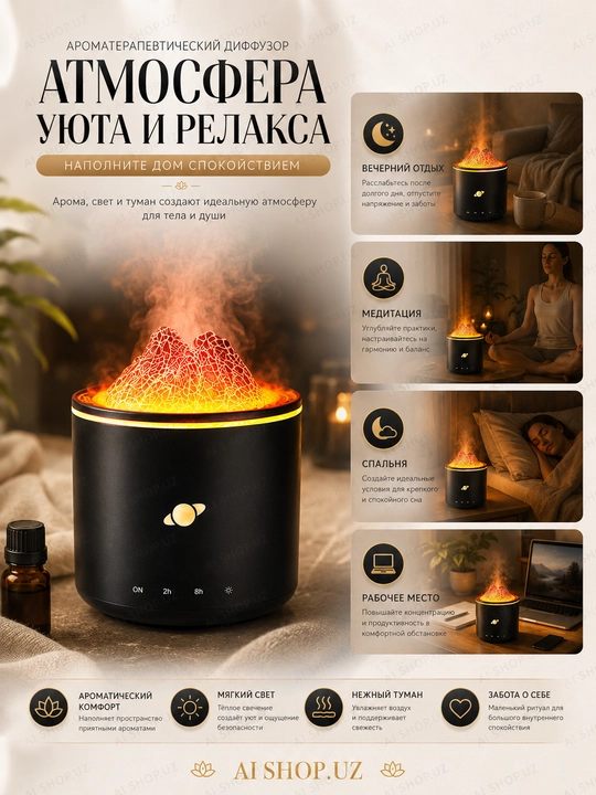 Увлажнитель воздуха с эффектом пламени, подсветкой и таймером 2/8 ч