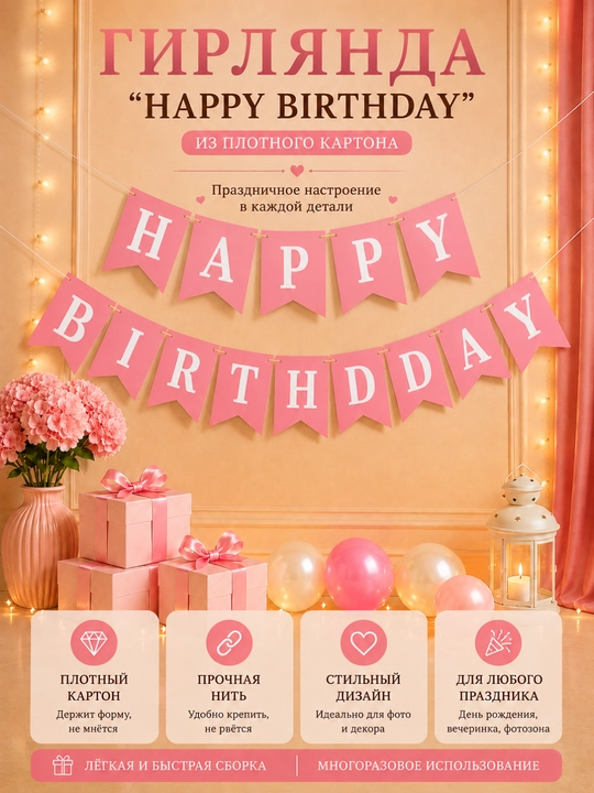Гирлянда Happy Birthday баннер для украшения дня рождения, декор для праздника - 