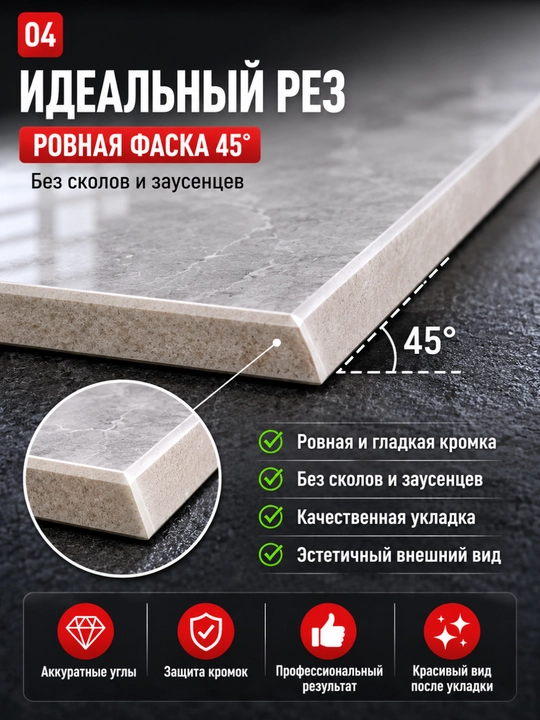 Косой рез под 45° углошлифовальной машиной, обработка углов плитки