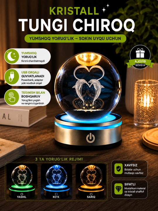 Kristall tungi chiroq, 3D LED lampa, USB sensorli, 3 yorug'lik rejimi, sovg'a uchun - 