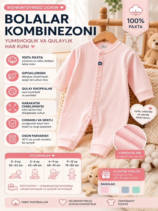 Chaqaloqlar uchun paxtali kombinezon, o'gil va qiz bolalar uchun - 