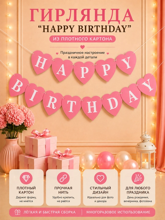 Happy Birthday tug'ilgan kun bezagi, tug‘ilgan kun girlyandasi, bayram bezagi - 