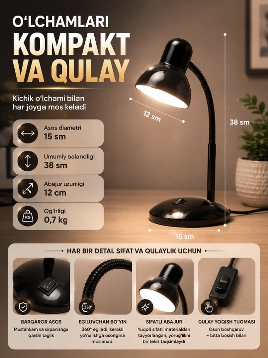 Stol lampasi metall, egiluvchan, o‘qish, dars va ish stoli uchun kumushrang