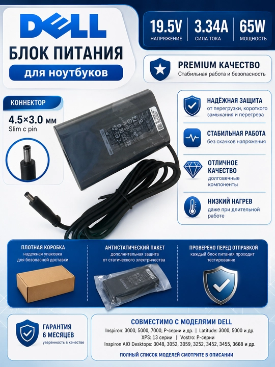 Блок питания Premium 19.5V 3.34A 65W 4.5x3.0mm slim (LA65NM130) для Dell 5568, 5581, 5590