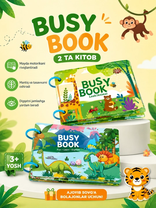 Bizibuk Busy Book, bolalar uchun yopishqoq rivojlantiruvchi kitob, Montessori, hayvonlar