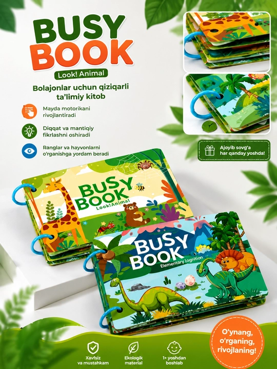 Bizibuk Busy Book, bolalar uchun yopishqoq rivojlantiruvchi kitob, Montessori, hayvonlar - 