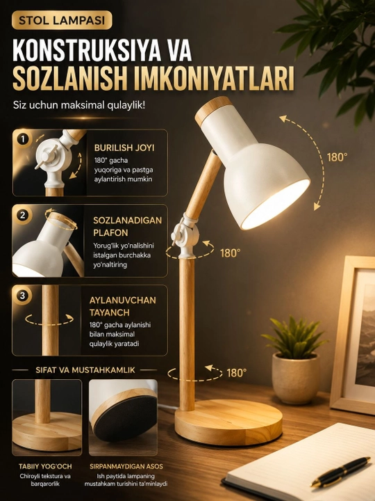Stol lampasi metall, egiluvchan, o‘qish, dars va ish stoli uchun kumushrang
