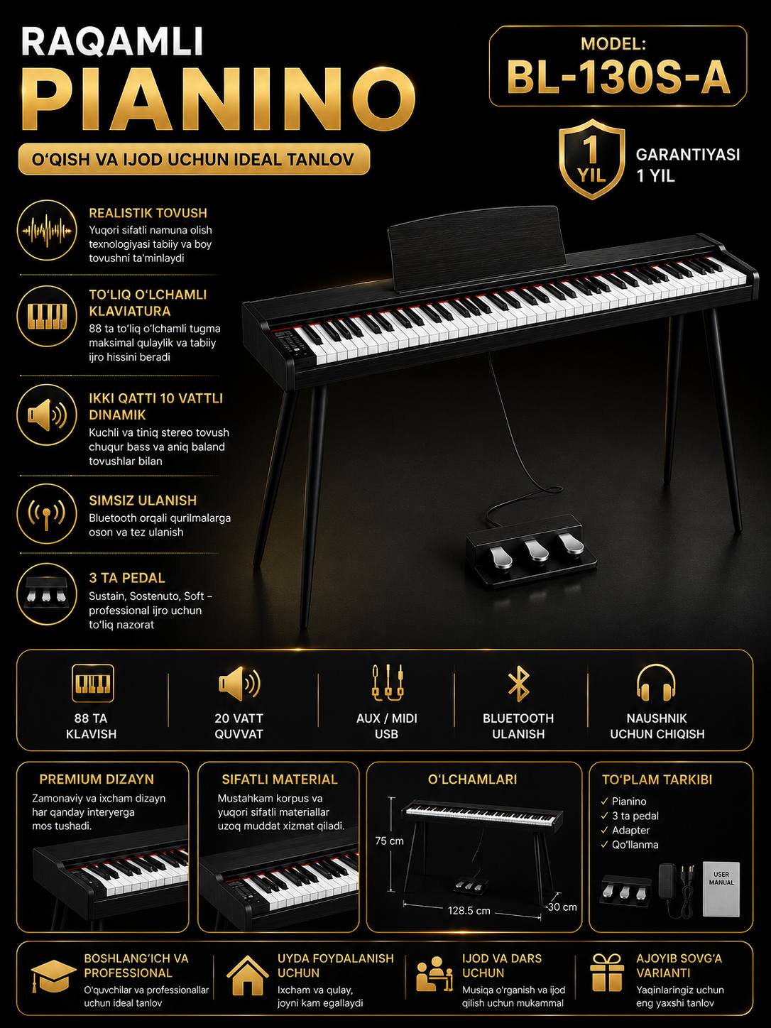 BL-130S-A raqamli pianino, 88 klavishli, 7 oktava - 