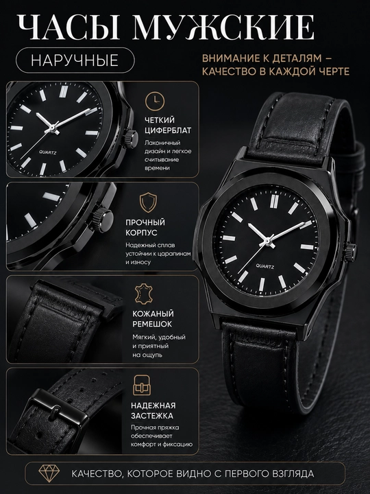 Erkaklar qo‘l soati, klassik qora quartz soat, charm tasma, sovg‘a qutisi bilan