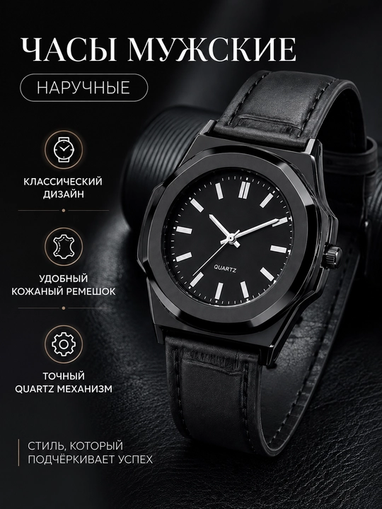 Erkaklar qo‘l soati, klassik qora quartz soat, charm tasma, sovg‘a qutisi bilan