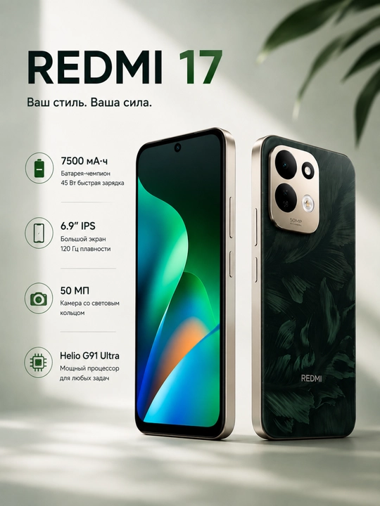 Telefon Redmi 17 4G, 7500 mAh batareya 45Vt 74 soatgacha, IPS 6,9" 120hz, 2x SIM + UZIMEI - 