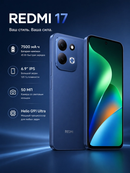 Телефон Redmi 17 4G, батарея 7500 мА·ч 45 Вт до 74 часов, IPS 6,9" 120гц, 2х Сим + UZIMEI - 