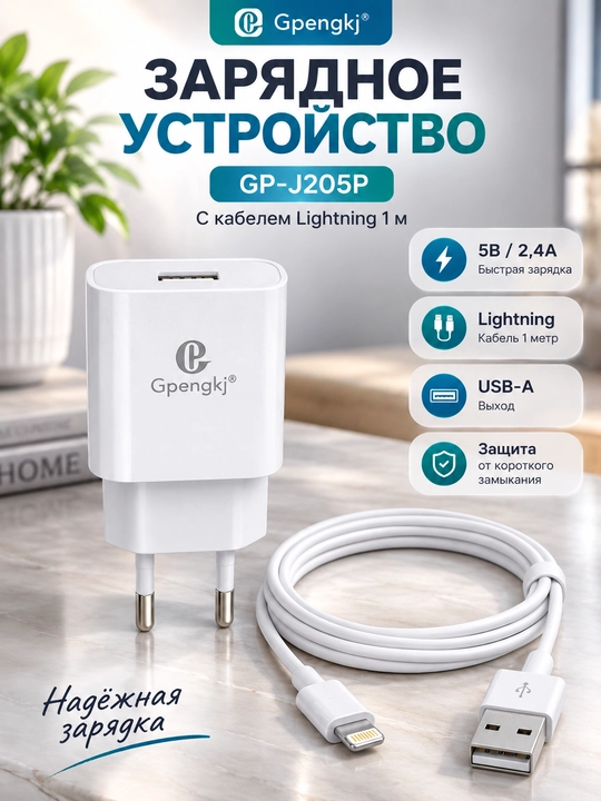Сетевое зарядное устройство Gpengkj 2.4A, USB-A, кабель 1 м, Lightning / Type-C