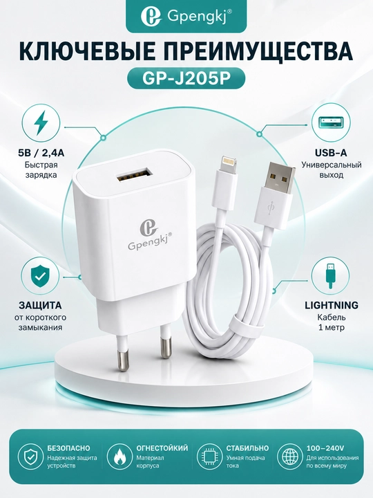 Сетевое зарядное устройство Gpengkj 2.4A, USB-A, кабель 1 м, Lightning / Type-C
