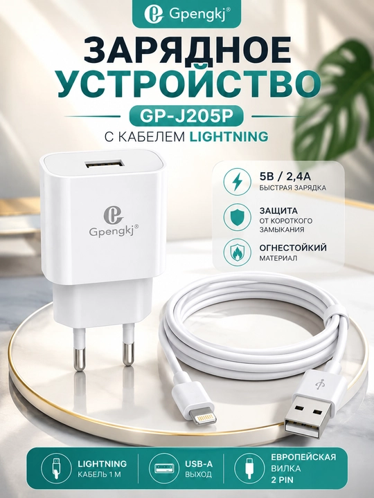 Сетевое зарядное устройство Gpengkj 2.4A, USB-A, кабель 1 м, Lightning / Type-C - 