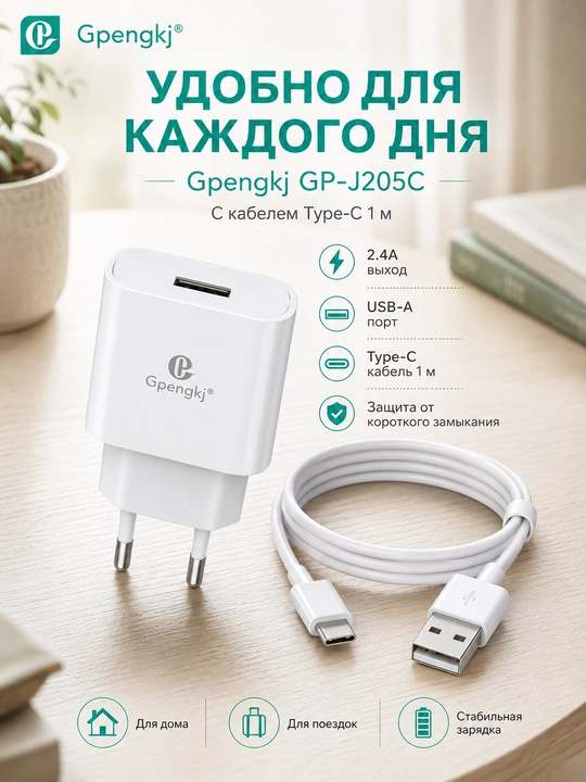 Сетевое зарядное устройство Gpengkj 2.4A, USB-A, кабель 1 м, Lightning / Type-C