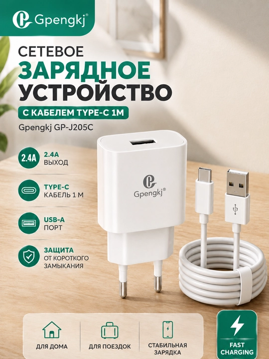 Сетевое зарядное устройство Gpengkj 2.4A, USB-A, кабель 1 м, Lightning / Type-C - 