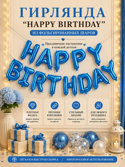 Шарики буквы "Happy Birthday" для дня рождения, надпись на стену