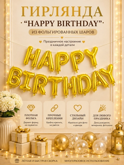 Шарики буквы "Happy Birthday" для дня рождения, надпись на стену - 