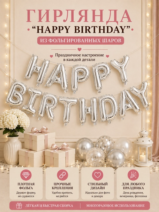Шарики буквы "Happy Birthday" для дня рождения, надпись на стену - 