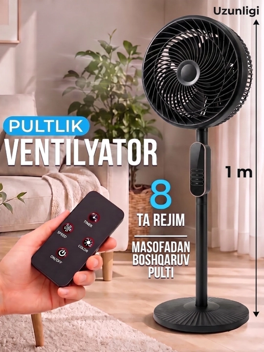 Pultli pol ventilyatori, 8 ta rejim, balandligi sozlanadigan 1–1,2 m, uy uchun